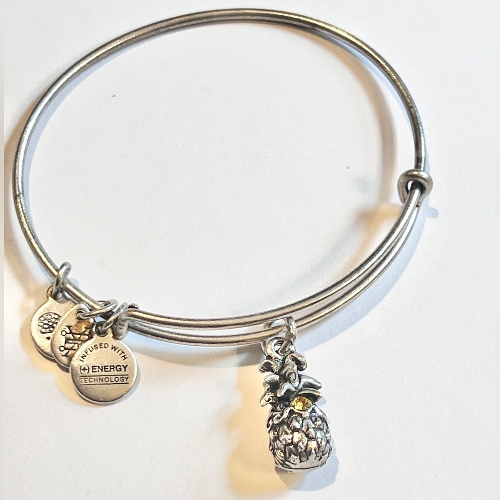 Alex and Ani Pineapple & Crystal Expandable Charm Bracelet Russian Silver Finish